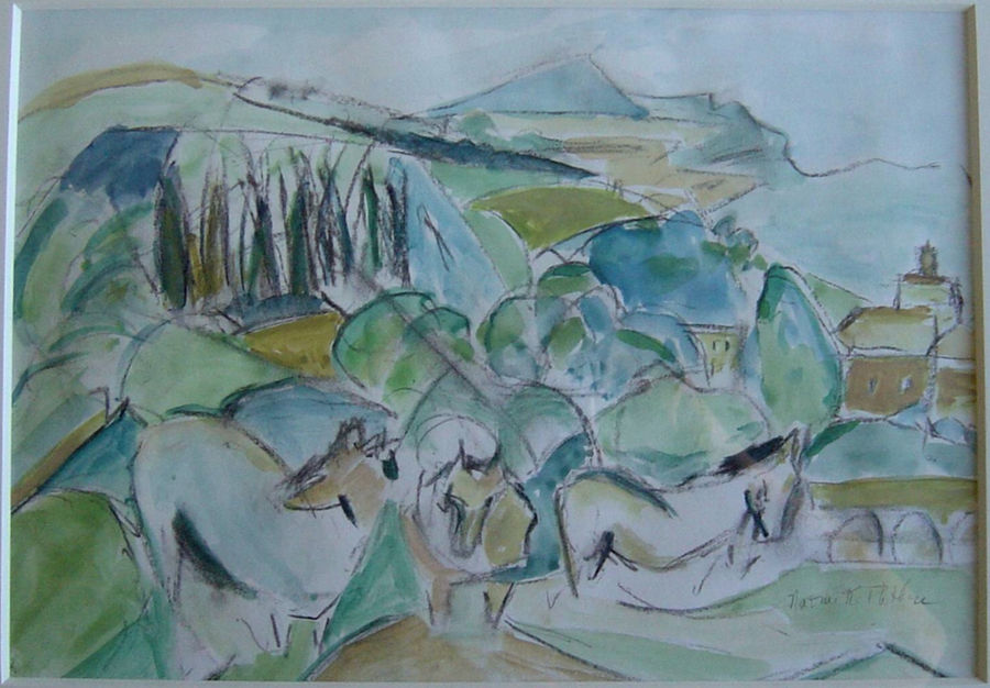 Watercolor-style painting of three white horses with black manes in front of green, gold, and brown hills, a village to the right, forest to the left, and blue mountains in the distance.