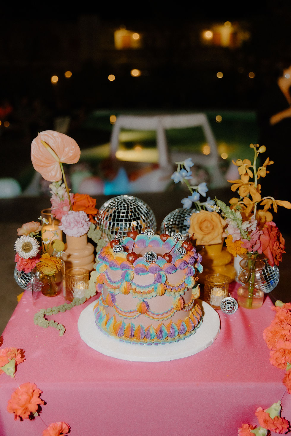 Colorful vintage-inspired wedding cake
