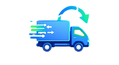 Fast Delivery Icon – Blue delivery truck with motion lines and arrow symbolizing efficient logistics and supply chain