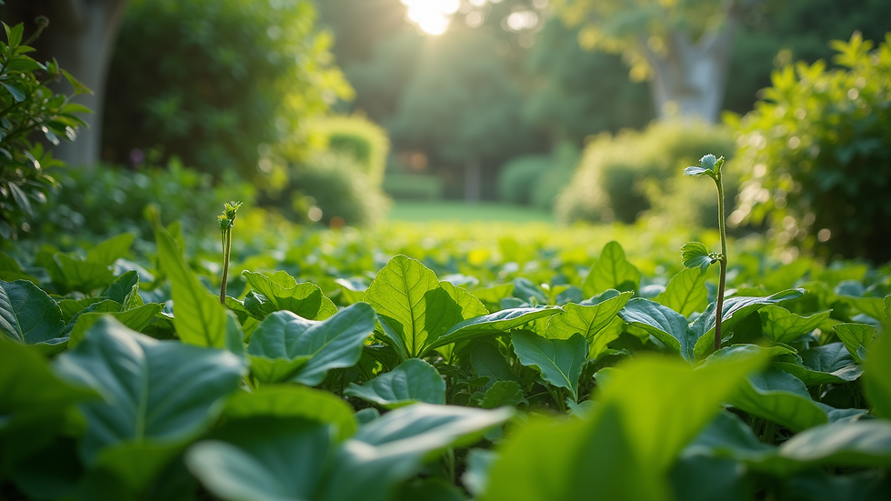 Eye-level view of a lush green garden with diverse plants