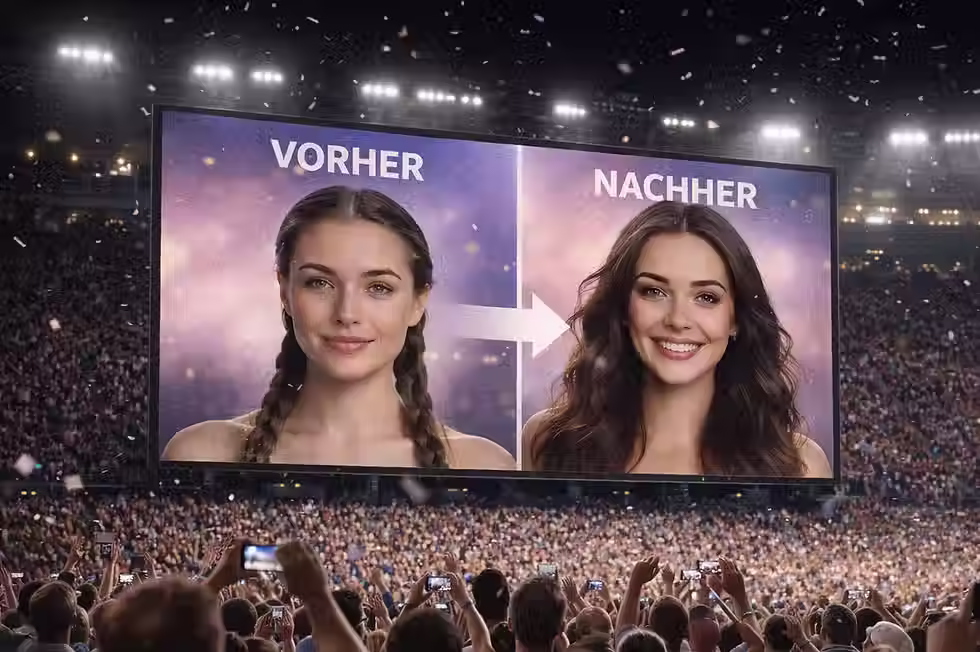 Ein Vorher-Nachher-Vergleich auf einem Stadion-Großbildschirm, der auf einem geteilten Bildschirm links eine Frau mit geflochtenen Haaren und rechts eine Frau mit offenem, gestyltem Haar zeigt.