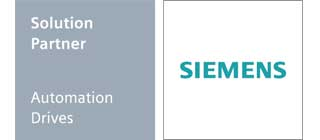 Grau-weißes Logo mit „Solution Partner Automation Drives“ in Grau auf der linken Seite und „Siemens“ in Blaugrün auf der rechten Seite, was Partnerschaft vermittelt.