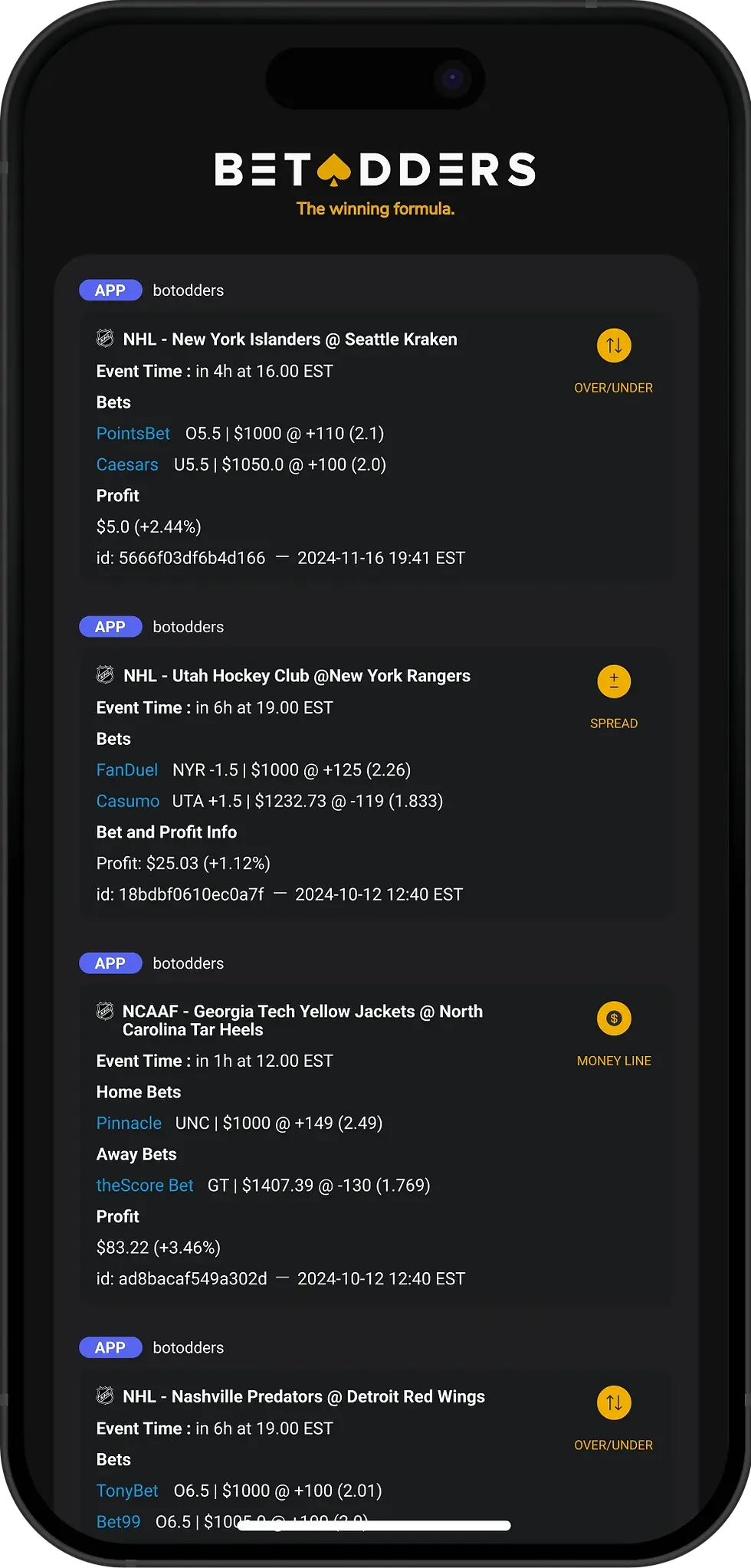 Screenshot of the Betodders sports betting app showcasing various betting options and user interface features.