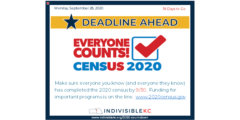 Make sure everyone you know (and everyone they know) have completed the census by 9/30. Funding for important programs is on the line, and our area has been slow to complete their census info. cwww.2020census.gov