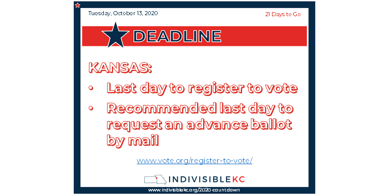 KANSAS: Today is the last day to register to vote. It is also the recommended last day to apply for a mail-in ballot by mail (2 weeks before the actual deadline).
www.vote.org/register-to-vote/