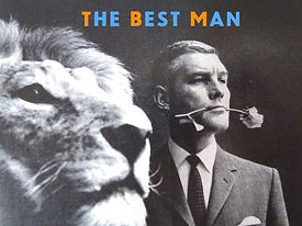 The best man with rose between his teeth and a lion.