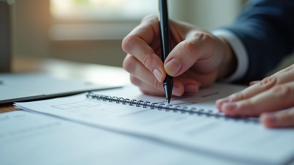 Close-up view of a consultant writing a personalized plan on a notepad
