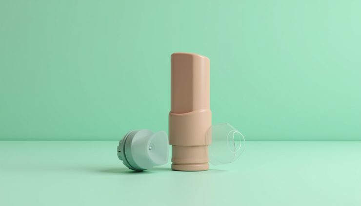 Eye-level view of a brown preventer inhaler with a spacer on a mint green background