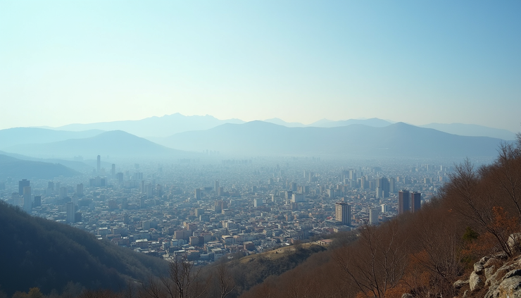 High angle view of Tbilisi cityscape with mountains in the background