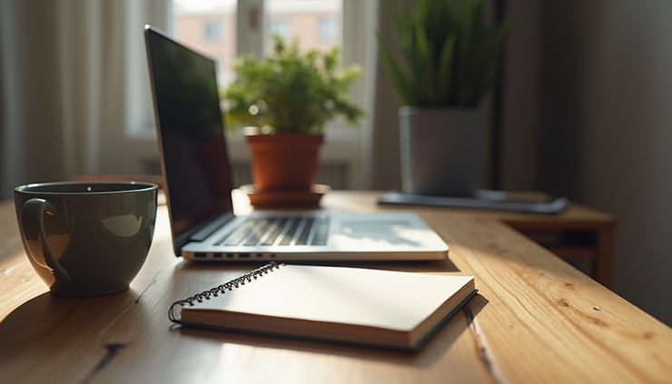 Eye-level view of a laptop on a wooden desk with a coffee cup and notebook