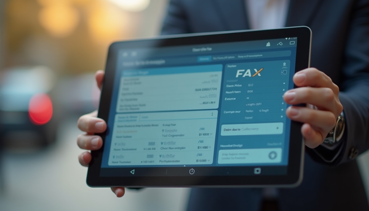 High angle view of a tablet showing a fax confirmation screen