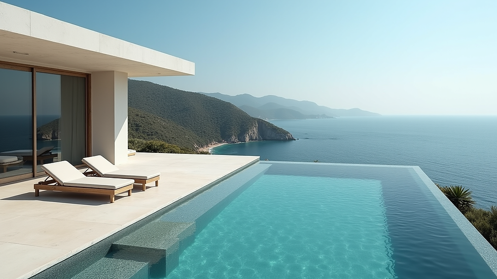 High angle view of a luxurious villa overlooking the ocean
