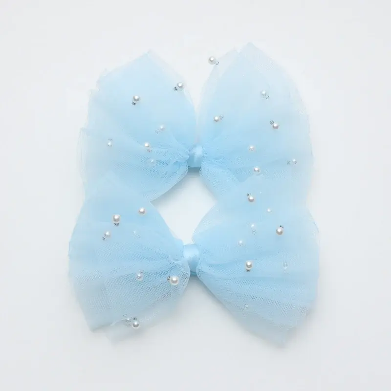 Thumbnail: 2 Piece 5CM Gauze Hair Clips Imitation Pearl Hair Bows Hairpins Lace Bowknot