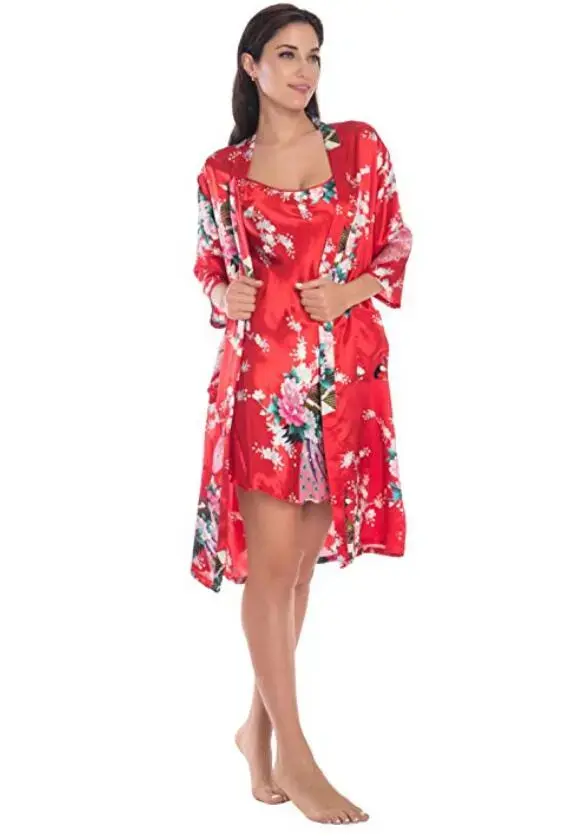 Women's Summer Mini Kimono Robe Lady Rayon Bath Gown Yukata Nightgown Sleepwear