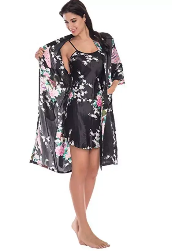 Thumbnail: Women's Summer Mini Kimono Robe Lady Rayon Bath Gown Yukata Nightgown Sleepwear