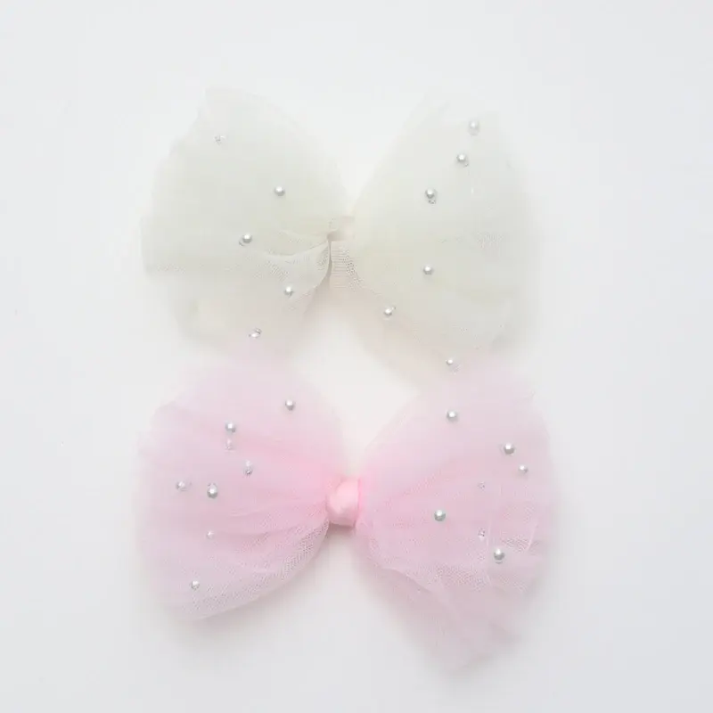 Thumbnail: 2 Piece 5CM Gauze Hair Clips Imitation Pearl Hair Bows Hairpins Lace Bowknot