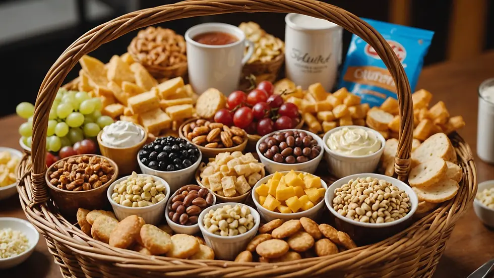 Close-up view of a gourmet food basket filled with assorted snacks