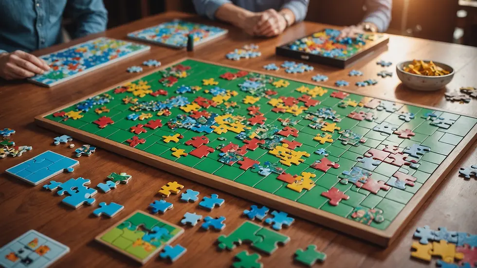 Wide angle view of a table filled with puzzles and games