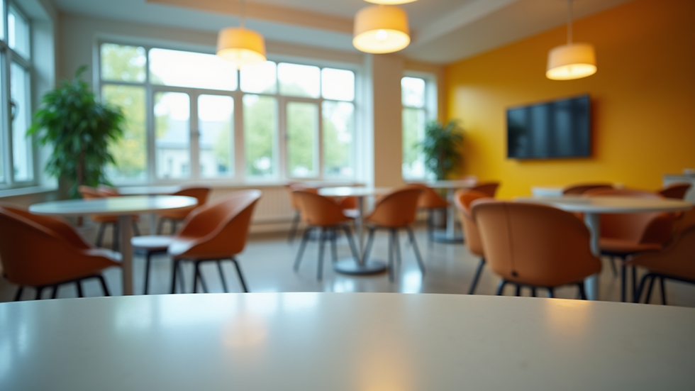 Eye-level view of a vibrant office break room featuring clean tables and a cozy atmosphere