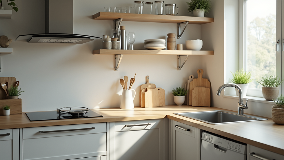 High angle view of a tidy kitchen with organized countertops and minimal clutter