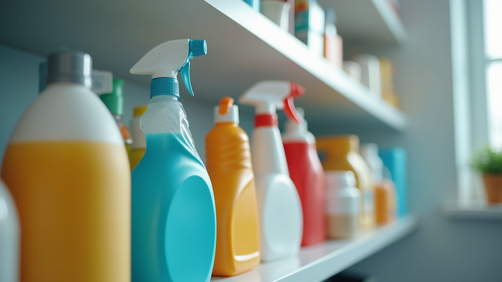 Eye-level view of cleaning supplies arranged neatly on a shelf