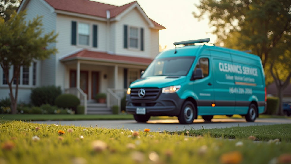 Close-up of a cleaning service van parked outside a residential home
