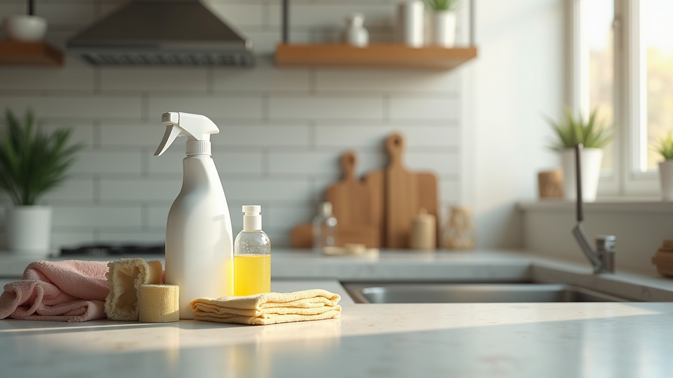 High angle view of cleaning supplies arranged neatly on a countertop
