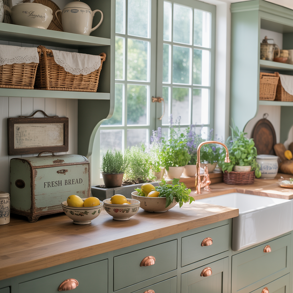 Absolutely love the green cabinets with copper hardware