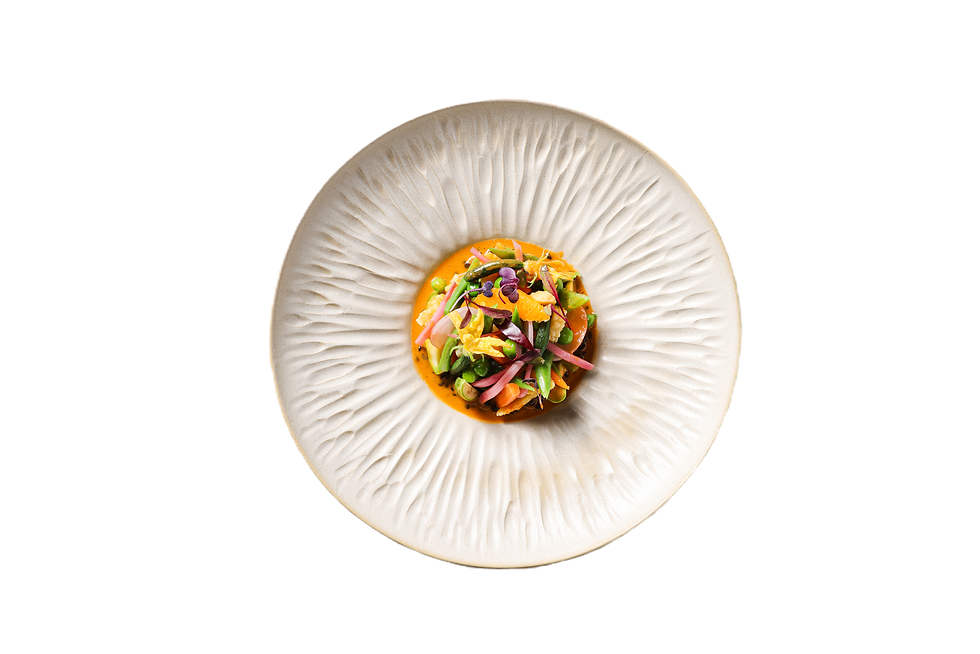 Top-down view of a vibrant dish featuring a medley of fresh vegetables and microgreens, artfully arranged on an intricately t