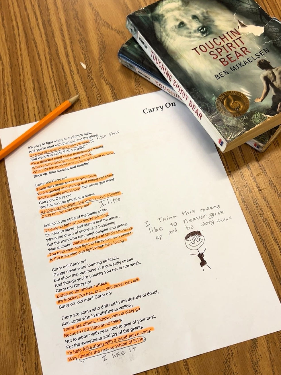 A highlighted poem titled "Carry On", next to copies of the book "Touching Spirit Bear"