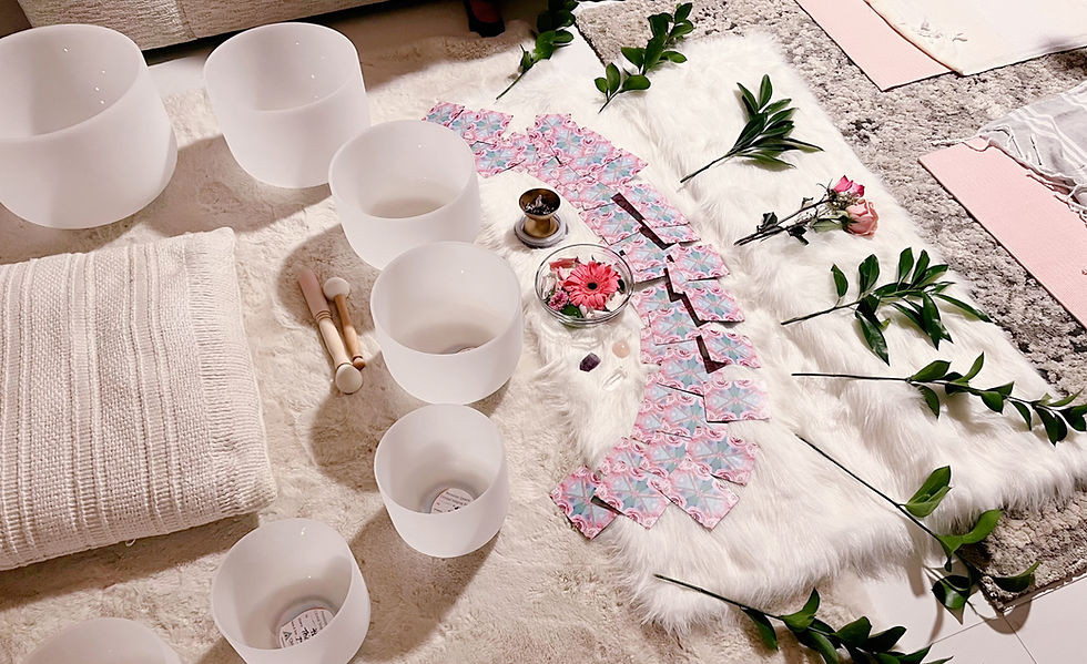 Eye-level view of a serene room set up for sound healing with crystal bowls
