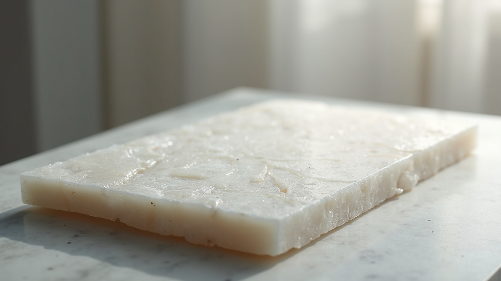 High angle view of quartz slab with subtle veining on display