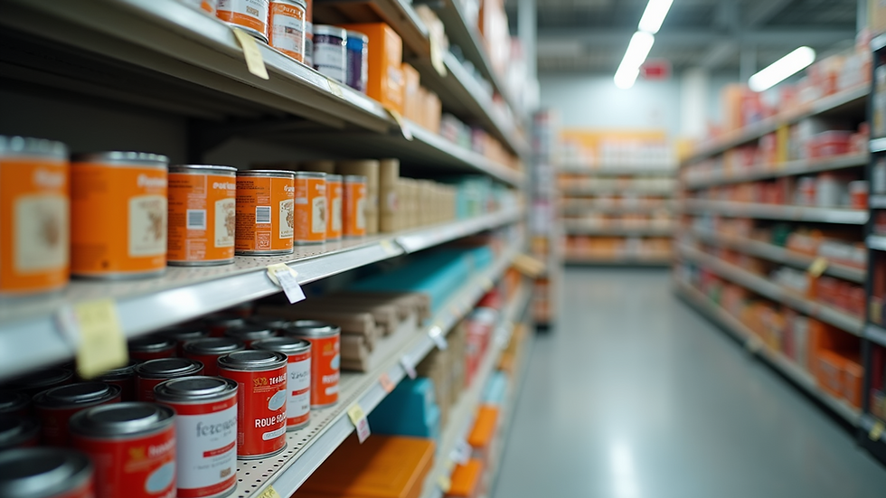 High angle view of colorful Home Improvement trims and paint in a store