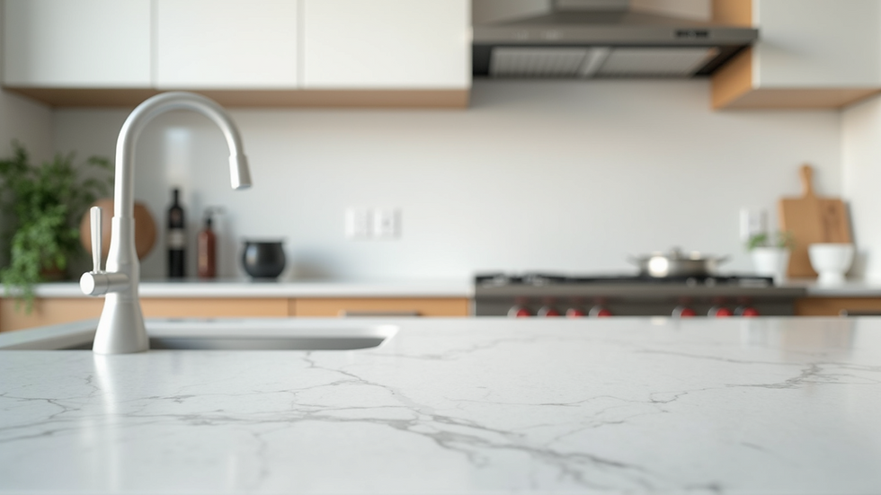 Eye-level view of kitchen with white quartz countertops and modern cabinetry