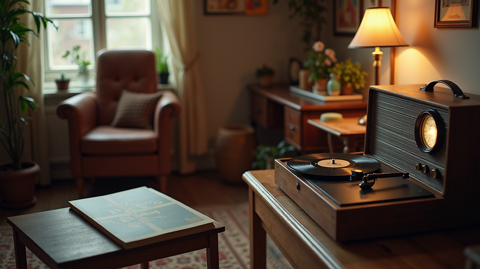 High angle view of a cozy room with a vintage radio and vinyl records