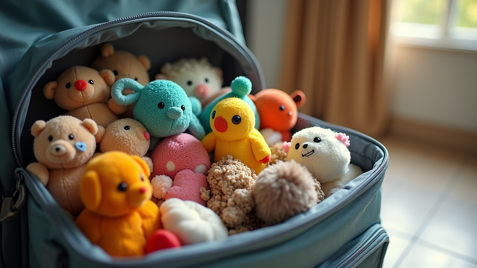 Eye-level view of a neatly organized travel bag filled with children's essentials