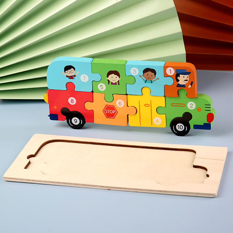 Thumbnail: Colorful wooden school bus puzzle with children. Wooden Baby 3d Puzzles For Kids.
