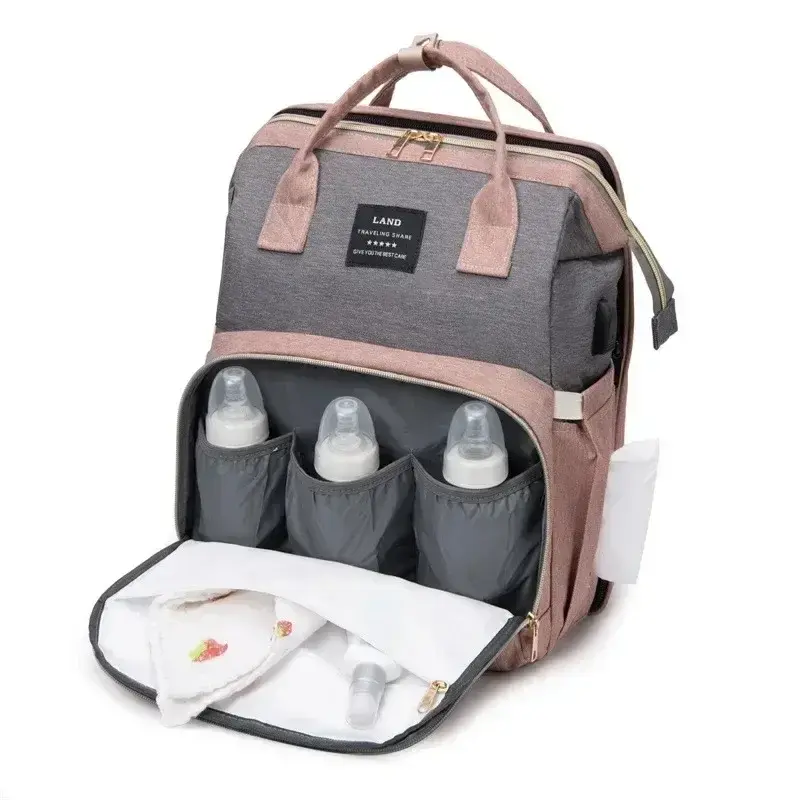 Thumbnail: Pink and gray diaper bag with bottle holders