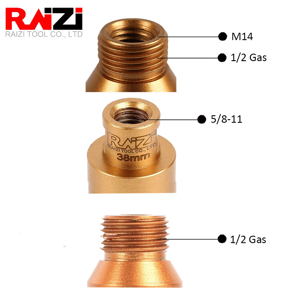 縮圖：Three gold-colored threaded connectors: M14, 1/2 Gas, 5/8-11