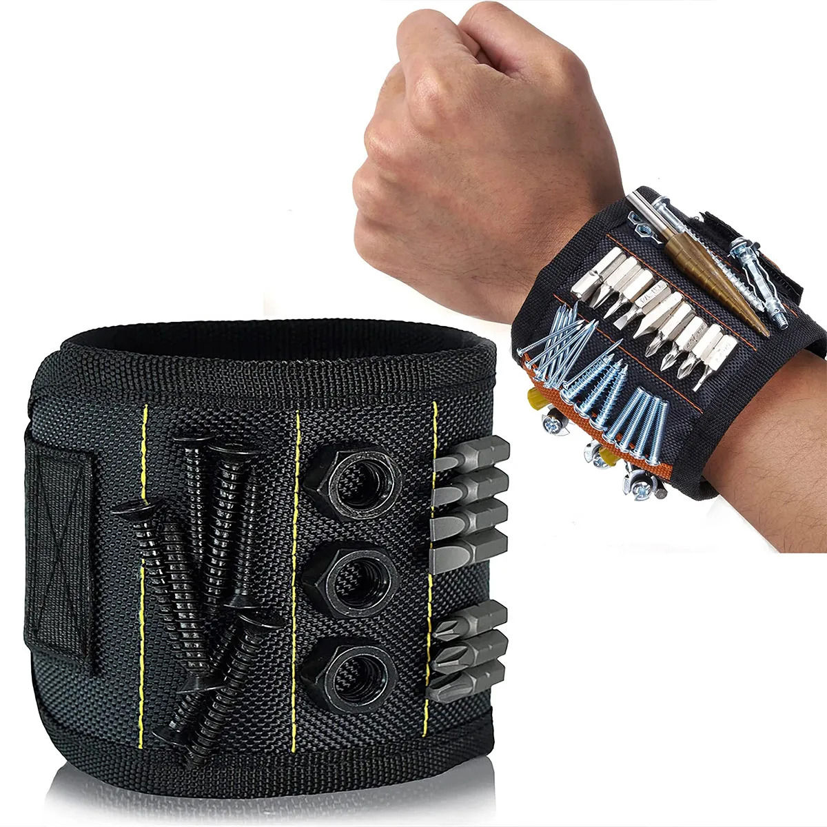 A magnetic wrist strap holding multiple tools, alongside a robust tool belt for efficient organization and accessibility.