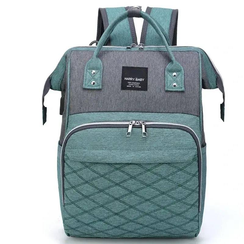 Thumbnail: Stylish gray and green diaper backpack