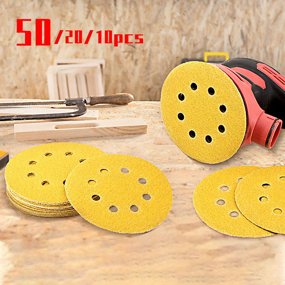 Küçük resim:  A person operates a circular sander on a piece of paper using 125mm yellow sandpaper with eight holes for sanding.