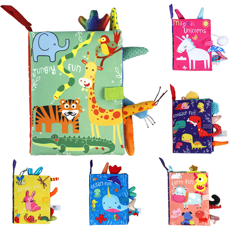 Colorful baby cloth books with animals and cartoon illustrations, NanaPouchKids