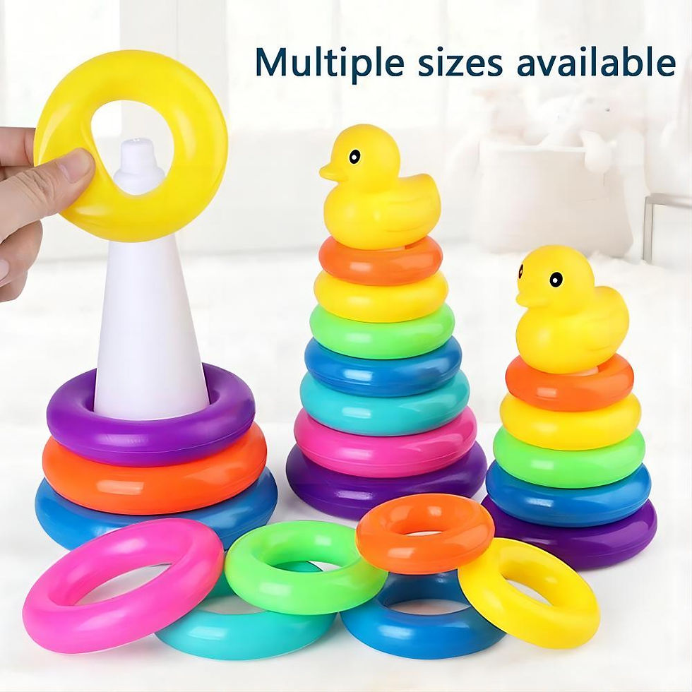 Hand placing a yellow ring on a tower. Multiple sizes available, baby toy rolling ball tower.