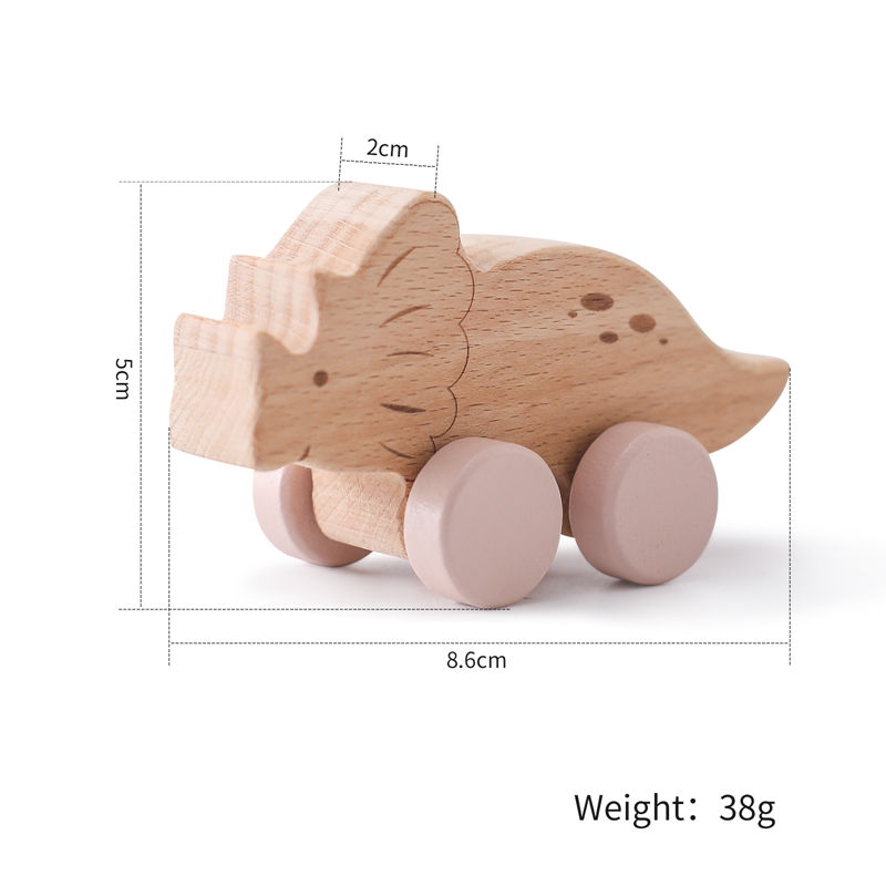 Thumbnail: Wooden Triceratops toy shows dimensions 5cm, 2cm, and 8.6cm, with weight 38g.