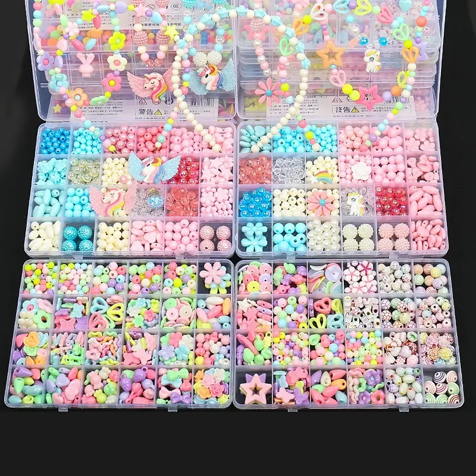 Thumbnail: Colorful beads and accessories arranged in storage boxes, necklace, earrings, toys