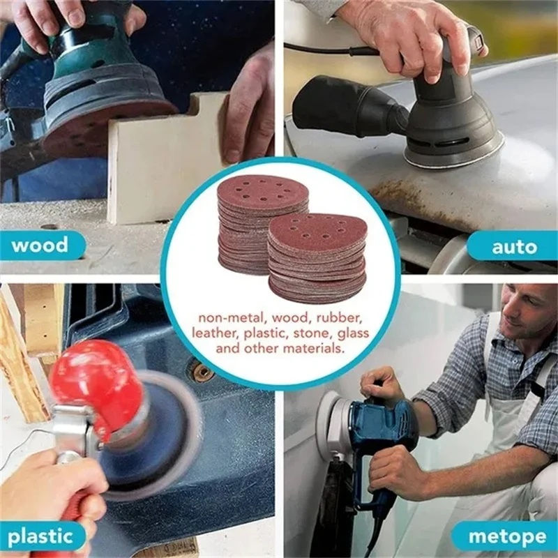 Miniaturbild: A pack of 100 round sanding discs, each 125mm in diameter, designed for sanding surfaces effectively.