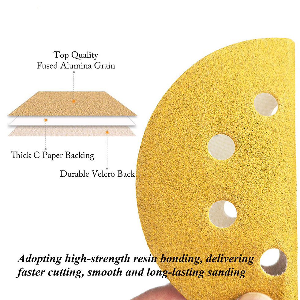 थंबनेल:  A person operates a circular sander on a piece of paper using 125mm yellow sandpaper with eight holes for sanding.