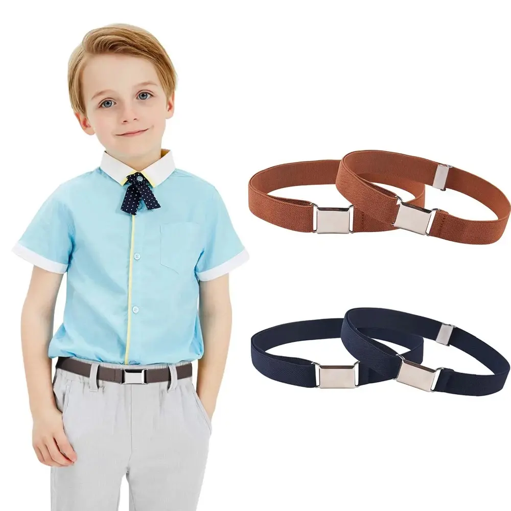 Young boy wearing belt next to various belts; Children's Belt Fashion Glitter Thin Belt.