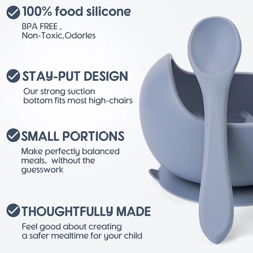 Thumbnail: Silicone baby bowl and spoon with text 100% and STAY-PUT design